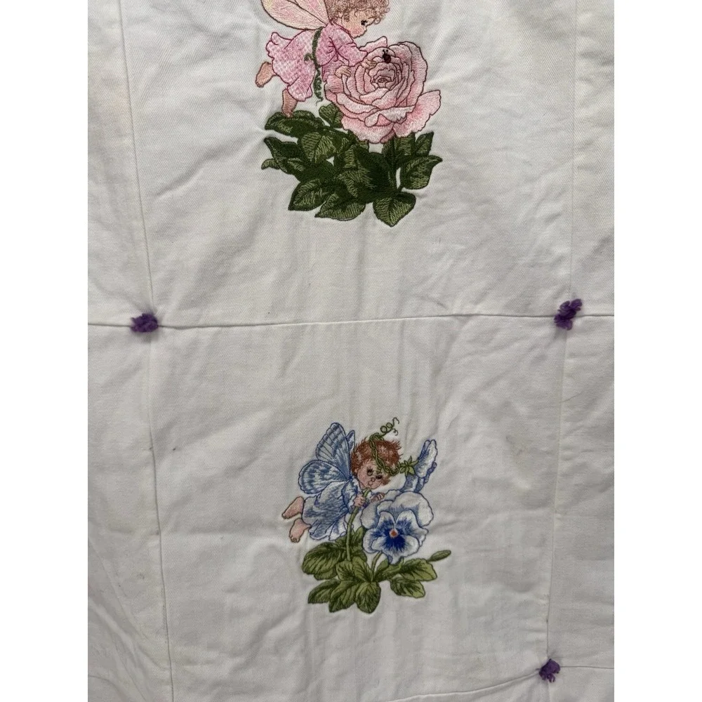 Vintage Handmade Fairy Quilt Embroidered Flower Baby Blanket Purple Cottagecore